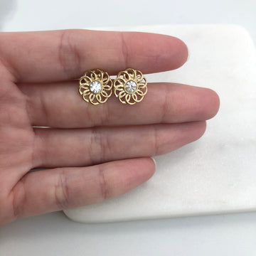 18K Gold Layered Oro Laminado Clear Rhinestone In Cut Out Flower Design Push Back Earrings 21.0572/1